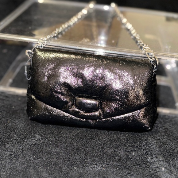 Zara Shiny Black Clutch with Silver Chain
